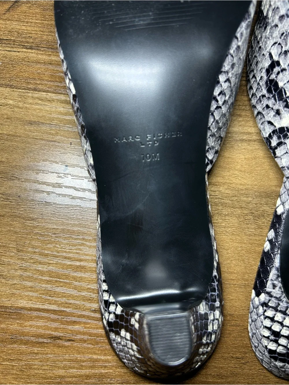 Marc Fisher Snake-Print Pointed Toe Mules in Black and Gray